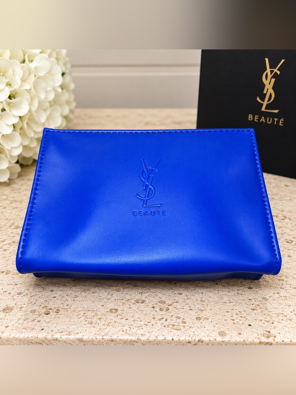 YSL Beauté Cosmetic Makeup Bag Cobalt Blue Logo Pouch Yves Saint Laurent GWP